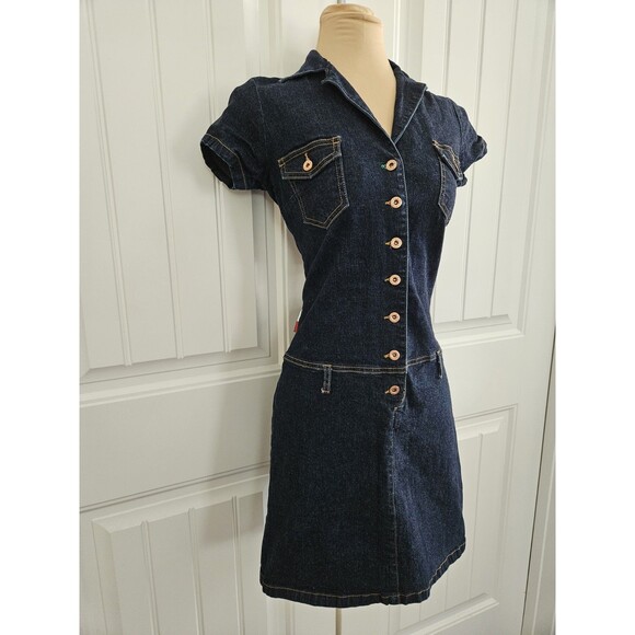 Tommy Hilfiger Vintage Y2K Denim Dress Sz M Dropped Waist Button Front Stretch - Picture 2 of 11